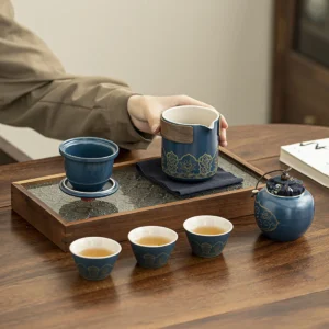 1Set-Travel Tea Set Portable Kung Fu Tea Set Ceramic Teapot Tea Canister Tea Cup Outdoor Quick Cup Tea Canister Leather Bag