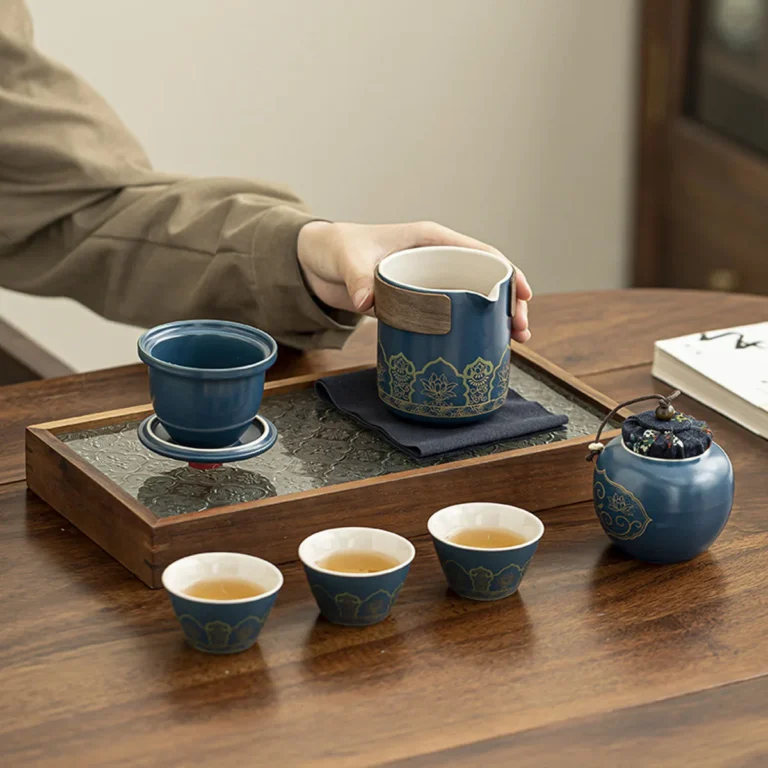 1Set-Travel Tea Set Portable Kung Fu Tea Set Ceramic Teapot Tea Canister Tea Cup Outdoor Quick Cup Tea Canister Leather Bag
