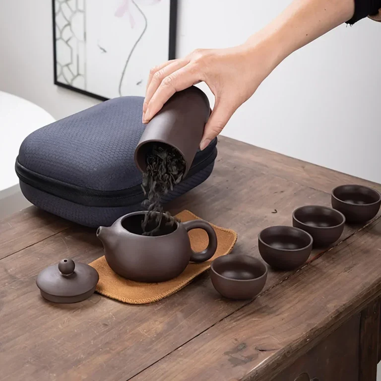1Set-Travel Tea Set Portable Kung Fu Tea Set Ceramic Teapot Tea Canister Tea Cup Outdoor Quick Cup Tea Canister Leather Bag - Image 4