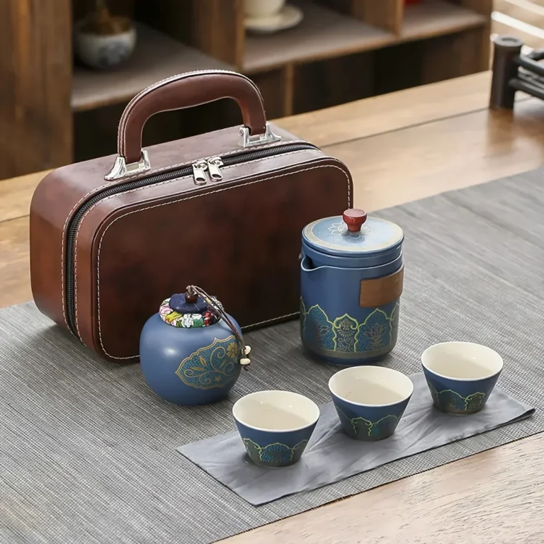 1Set-Travel Tea Set Portable Kung Fu Tea Set Ceramic Teapot Tea Canister Tea Cup Outdoor Quick Cup Tea Canister Leather Bag - Image 3