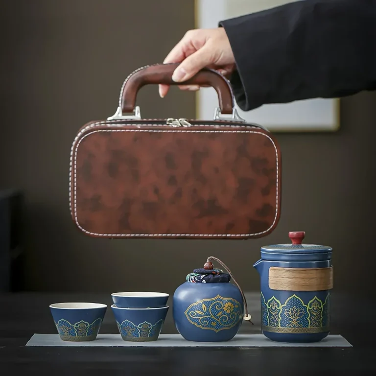 1Set-Travel Tea Set Portable Kung Fu Tea Set Ceramic Teapot Tea Canister Tea Cup Outdoor Quick Cup Tea Canister Leather Bag - Image 2
