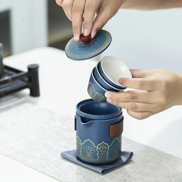 1Set-Travel Tea Set Portable Kung Fu Tea Set Ceramic Teapot Tea Canister Tea Cup Outdoor Quick Cup Tea Canister Leather Bag - Image 6