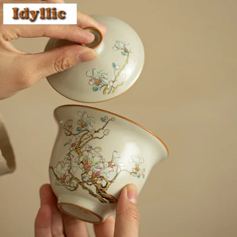 Ru Kiln Magnolia Flower Tea Set Complete Set Elegant Tea Ceremony Set Teapot And Tea Cup Set Tableware Equipment Collection Gift - Image 3