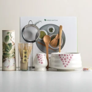 BespritGift Premium 8pc Sakura Design Matcha Set Ceramic Matcha Bowl & Bamboo Whisk & Frother Song Dynasty Tea Ceremony Tools