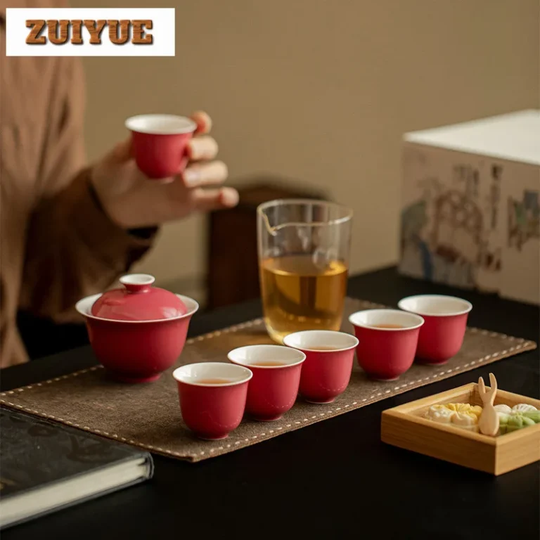 Color Glaze Rouge Red Lid Bowl Tea Set Complete Set Aesthetic Tea Ceremony Set Tea Maker Teapot And Tea Cup Set Teaset Craft - Image 3