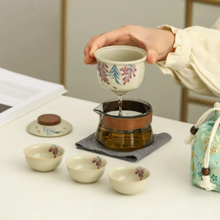 Hand-painted Ceramic Quick Cup One Pot Three Cups Glass Travel Tea Set Outdoor Brewing Teapot Portable Storage Bag - Image 2