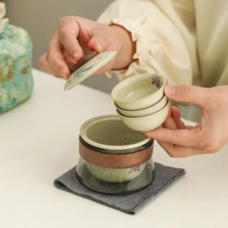 Hand-painted Ceramic Quick Cup One Pot Three Cups Glass Travel Tea Set Outdoor Brewing Teapot Portable Storage Bag - Image 3