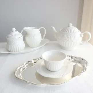 White Embossed Tea Cup Saucer with Phnom Penh Porcelain, French Court Tea Set, Milk Pot, Sugar Jar, Dinner Plates, Snack Dish