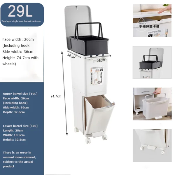 Garbage Classification 29/32L 2/3Layers Plastic Trash Bin Home Kitchen Garbage Classification Can with Wheels Garbage Storage 5