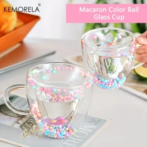 KEMORELA 1PCS Double-Wall Clear Glass Coffee Mug with Handle Love Shape Colored Balls Design for Espresso Clear Glass Cup 1