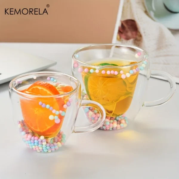 KEMORELA 1PCS Double-Wall Clear Glass Coffee Mug with Handle Love Shape Colored Balls Design for Espresso Clear Glass Cup 3