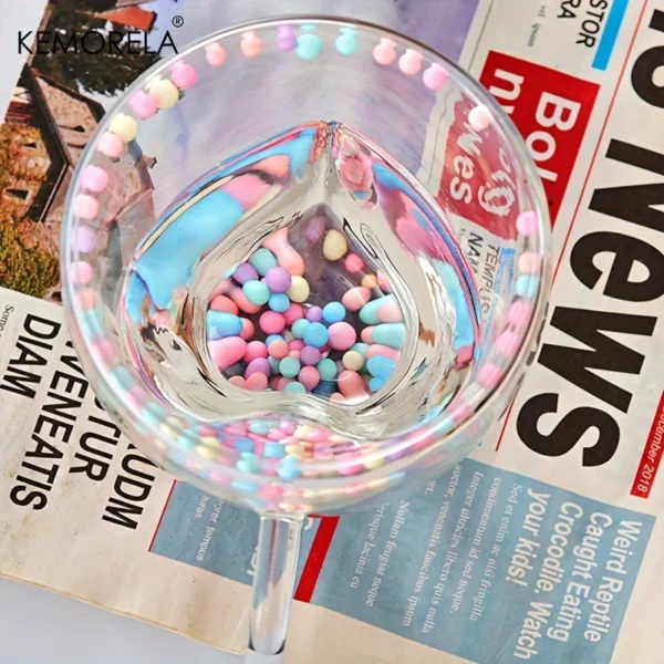 KEMORELA 1PCS Double-Wall Clear Glass Coffee Mug with Handle Love Shape Colored Balls Design for Espresso Clear Glass Cup 4