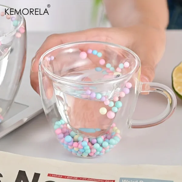KEMORELA 1PCS Double-Wall Clear Glass Coffee Mug with Handle Love Shape Colored Balls Design for Espresso Clear Glass Cup 5