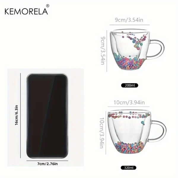 KEMORELA 1PCS Double-Wall Clear Glass Coffee Mug with Handle Love Shape Colored Balls Design for Espresso Clear Glass Cup 6