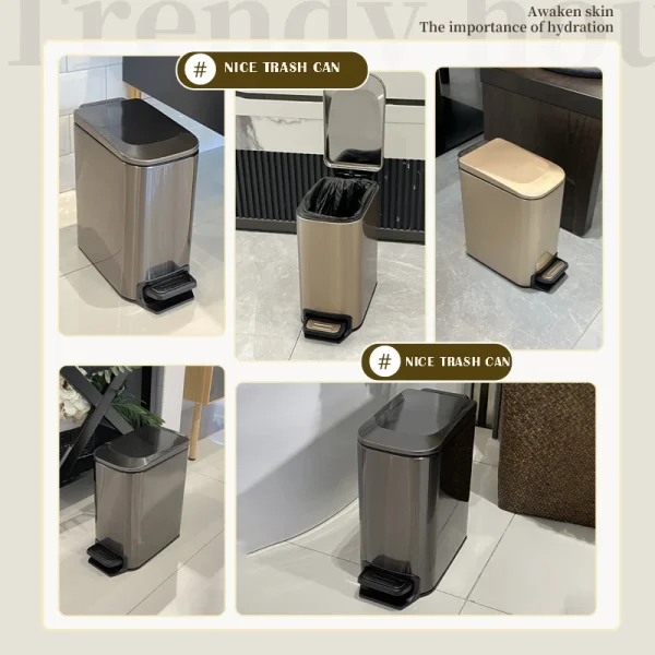 6L stainless steel pedal light luxuary trash bin, double metal narrow trash can, suitable for bathroom, bedroom, office, hotel 6