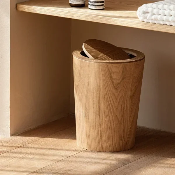 Wooden Style Minimalist Wooden Trash Bin Creative Home Homestay Hotel Living Room Bedroom with Lid Flip Paper Basket 3