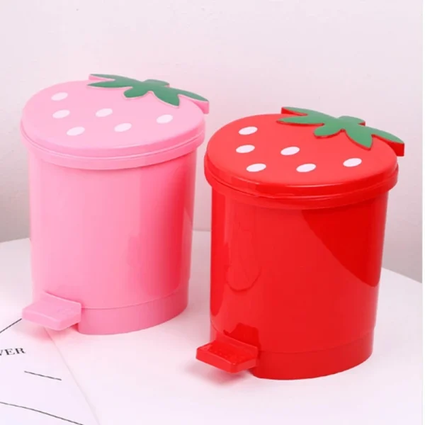 Mini Strawberry Trash Can with Lid Plastic Garbage Bin Waste Paper for Home Office Desk Room Desktop Bucket 1