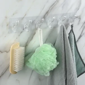 Transparent Plastic Coat Hooks Kitchen Bathroom Six Rows Hooks Punch Free Wall Hook Bathroom Towel Rack Accessories 1