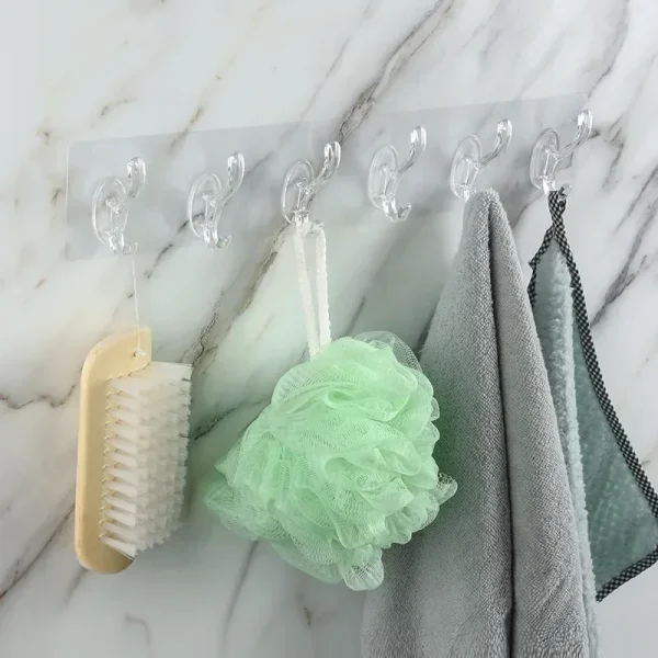 Transparent Plastic Coat Hooks Kitchen Bathroom Six Rows Hooks Punch Free Wall Hook Bathroom Towel Rack Accessories 1
