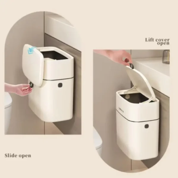 Kitchen Hanging Garbage Bin, Household Cream White Seamless Sticker Cabinet, Garbage Basket With Lid, Household Wall Hanging 2