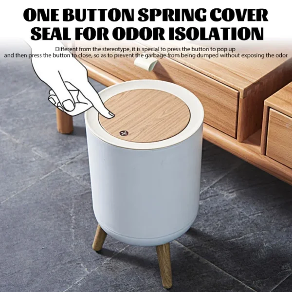Trash Can with Lid High Foot Press Dustbin Kitchen Garbage Container Toilet Garbage Can Press Cover Wooden Grain Foot Waste Bin 2