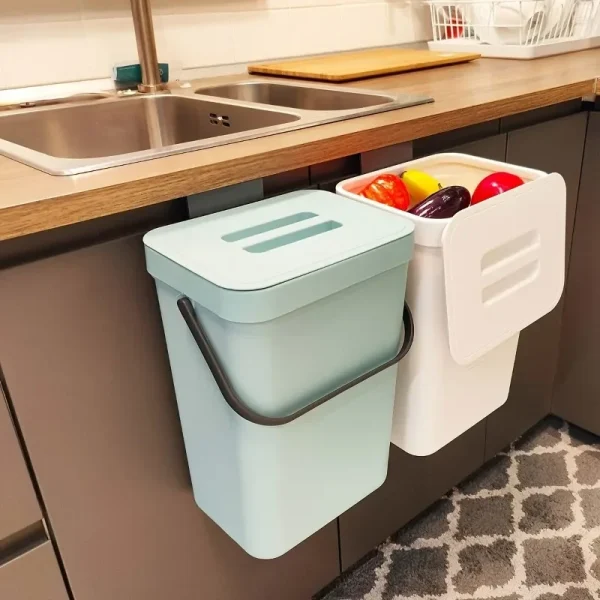 Wall Mounted Trash Can Space Saving Kitchen Bin, No Drill Hanging Dustbin with Slow Close Lid, Office Eco Sealed Waste Basket 6