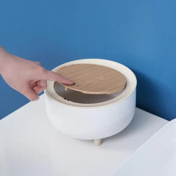 Trash Can with Lid High Foot Press Dustbin Kitchen Garbage Container Toilet Garbage Can Press Cover Wooden Grain Foot Waste Bin 5