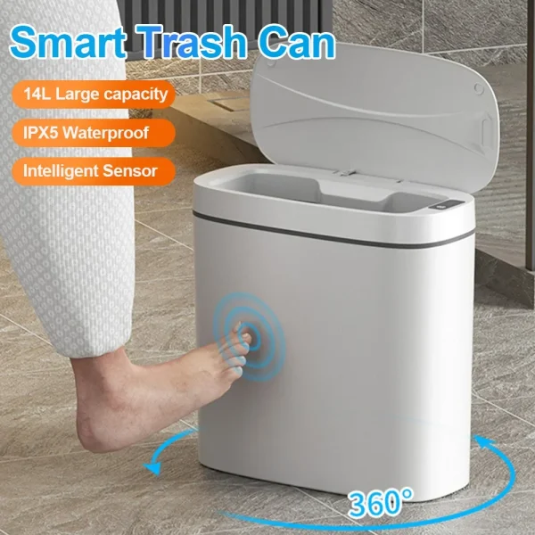 Smart Trash Can Automatic Sensor Garbage Can 14L For Bathroom Kitchen Toilet Garbage Waterproof Trash Bin Garbage Tin Smart Home 2