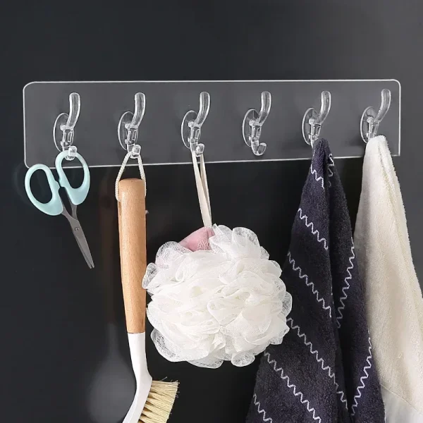 Transparent Plastic Coat Hooks Kitchen Bathroom Six Rows Hooks Punch Free Wall Hook Bathroom Towel Rack Accessories 4