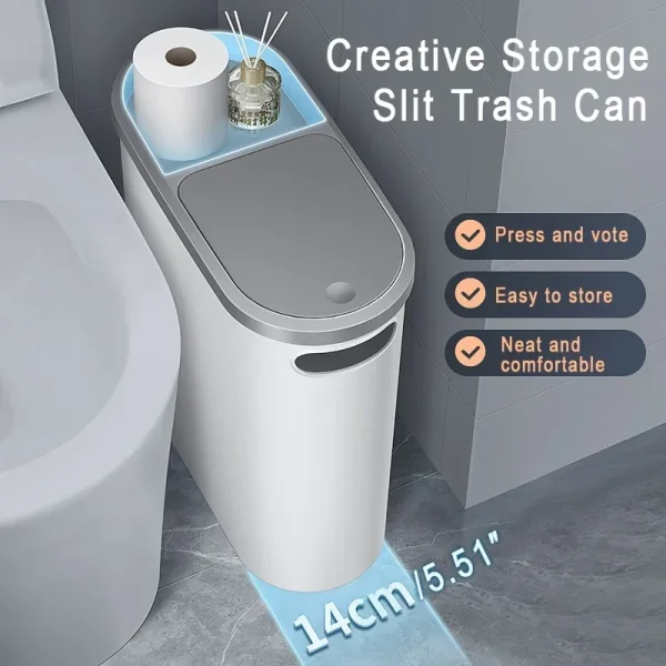 10L Bathroom Trash Can, Press Type Garbage Can with Lid, Household Creative Gap Waste Bin, Simple Paper Basket Kitchen Trash Can 1