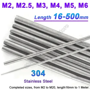 1-10Pcs M2 M2.5 M3 M4 M5 M6 Full Threaded Rod Fully Metric Thread Rods Shaft Bar Screws 304Stainless Steel Bolt Stud L=16-500mm 1