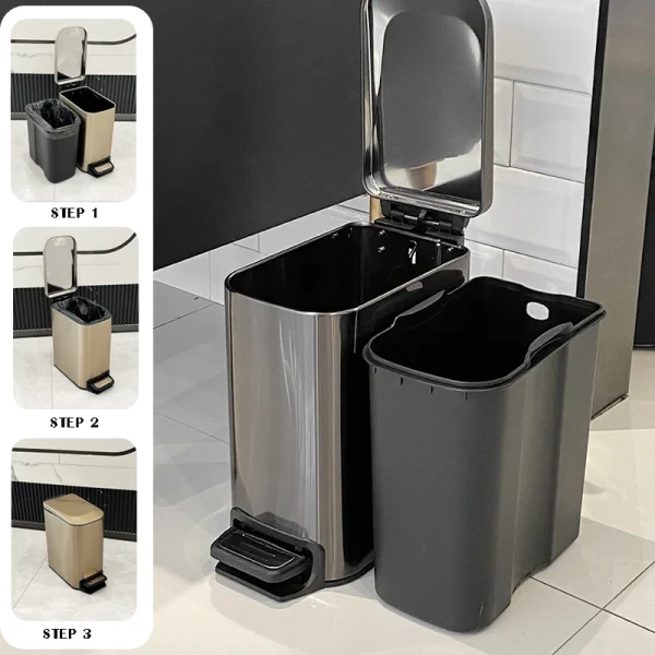 6L stainless steel pedal light luxuary trash bin, double metal narrow trash can, suitable for bathroom, bedroom, office, hotel 5