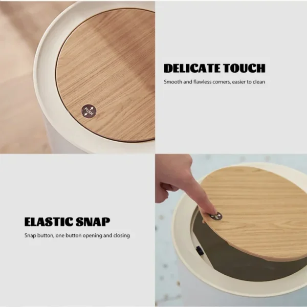 Trash Can with Lid High Foot Press Dustbin Kitchen Garbage Container Toilet Garbage Can Press Cover Wooden Grain Foot Waste Bin 4