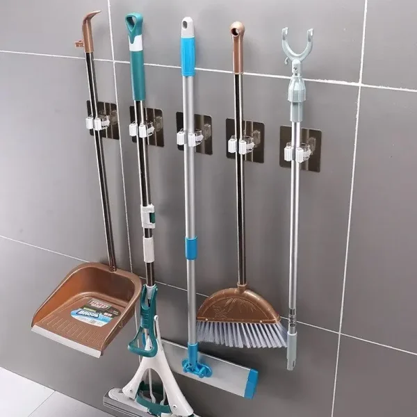 1pcs Punch-free Mop Holder Bathroom Shelf Wall-Mounted Mop Broom Hanger Self Adhesive Hooks Bathroom Storage Home Accessories 2