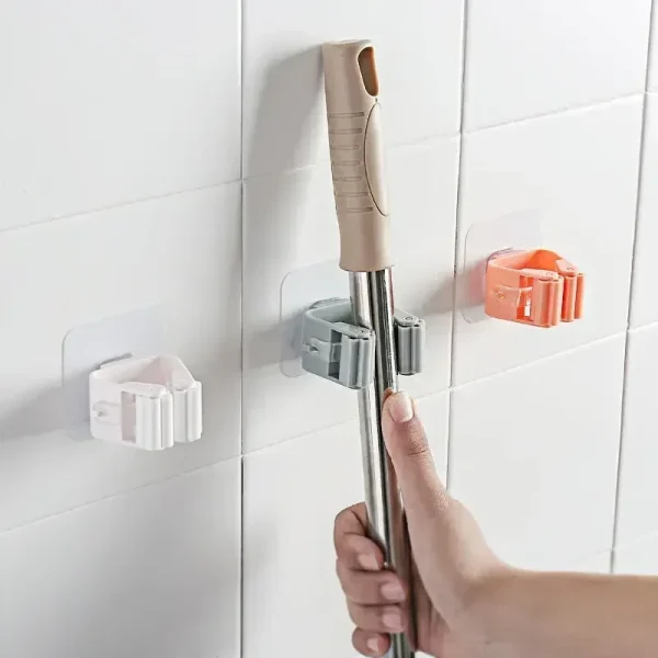 2/1pcs Punch-free Mop Holder Bathroom Shelf Wall-Mounted Mop Broom Hanger Self Adhesive Hooks Bathroom Storage Home Accessories 3