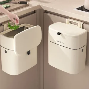 Kitchen Hanging Garbage Bin, Household Cream White Seamless Sticker Cabinet, Garbage Basket With Lid, Household Wall Hanging 1