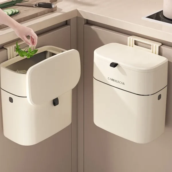 Kitchen Hanging Garbage Bin, Household Cream White Seamless Sticker Cabinet, Garbage Basket With Lid, Household Wall Hanging 1