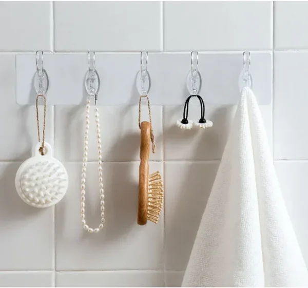 Transparent Plastic Coat Hooks Kitchen Bathroom Six Rows Hooks Punch Free Wall Hook Bathroom Towel Rack Accessories 2