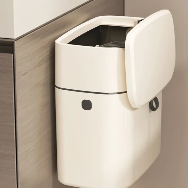 Wall Mounted Trash Bin for Kitchen, No Drill Adhesive, 8L Large Capacity, Narrow Space Design with Lid, Modern Home 4