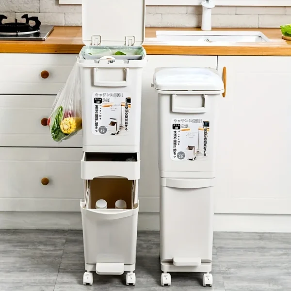 29L/32L Large Dual-Compartment Trash Can Foot Pedal Durable Plastic Bin Dry/Wet Separation Secure Lid Kitchen Waste Management 2