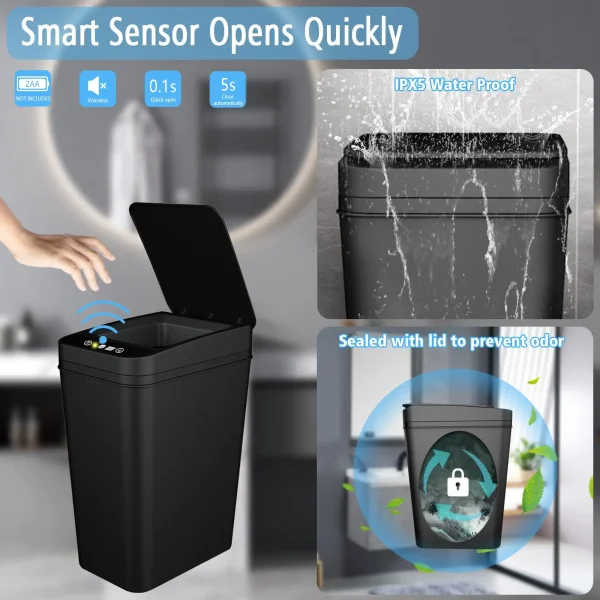 Bathroom Trash Can with Lid Touchless Automatic Garbage Can Slim Motion Sensor Smart Trash Bin for Bedroom,Office,Living Room 5