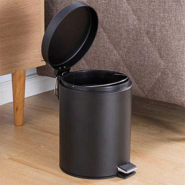 Black Round Lidded Trash Can Foot Pedal Garbage Bin with Removable Liner Bucket for Kitchen Bathroom Hotel 2