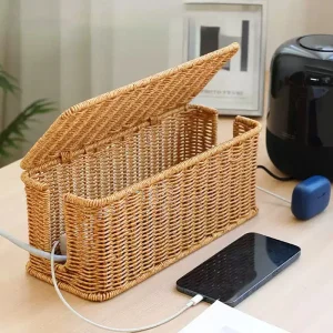 Imitation Rattan Cable Organizer Box Office Desk Charger Socket Network Line Storage Bin Power Cord Charger Storage Box 1