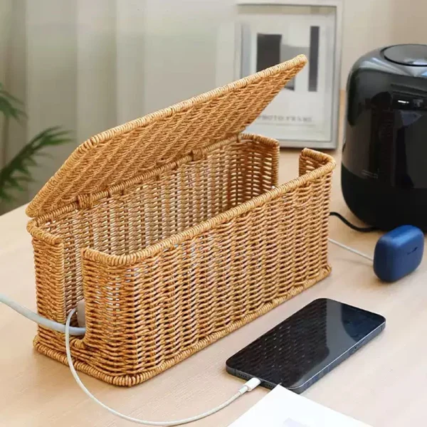 Imitation Rattan Cable Organizer Box Office Desk Charger Socket Network Line Storage Bin Power Cord Charger Storage Box 1