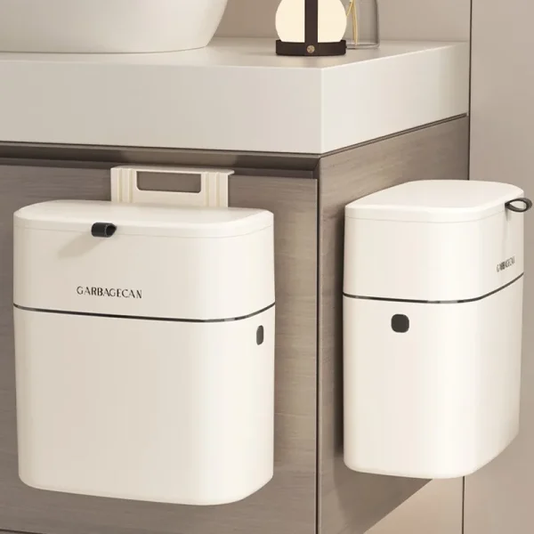 Kitchen Hanging Garbage Bin, Household Cream White Seamless Sticker Cabinet, Garbage Basket With Lid, Household Wall Hanging 4