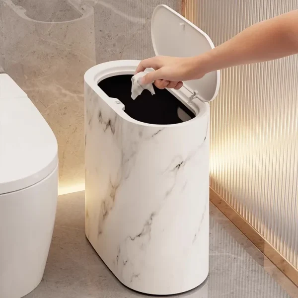 2025 New Home 12L Imitation Marble Wood Grain Manual Press Trash Can Hotel and Homestay with Lid Kitchen Living Room Waste Bins 3