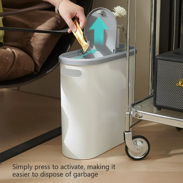 10L Plastic Trash Can With Lid 14CM Width Press Type Slim Gap Trash Bin Suitable For Bathroom Kitchen Living Room Paper Basket 6