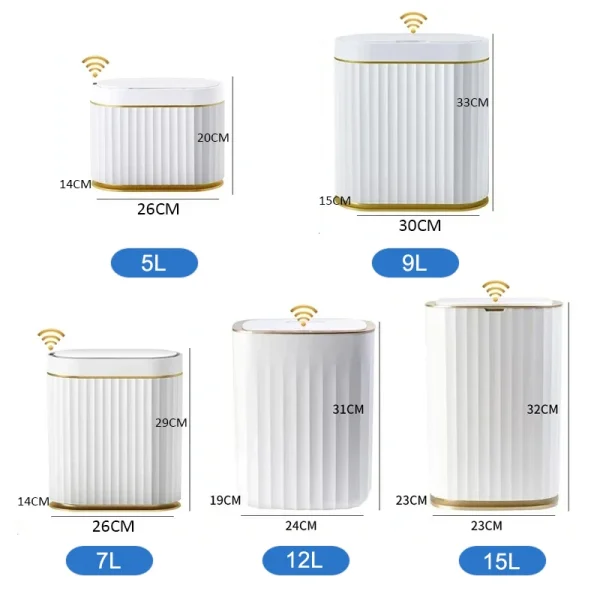 15L/12L/9L/7L/5L Wastebasket Smart Dump Bathroom Trash Bin Toilet Garbage Bucket Dustbin Automatic Sensor Trash Can with Lid 1