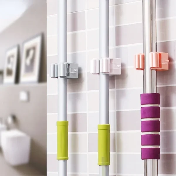 1pcs Punch-free Mop Holder Bathroom Shelf Wall-Mounted Mop Broom Hanger Self Adhesive Hooks Bathroom Storage Home Accessories 4