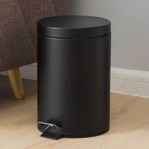 Black Round Lidded Trash Can Foot Pedal Garbage Bin with Removable Liner Bucket for Kitchen Bathroom Hotel 3